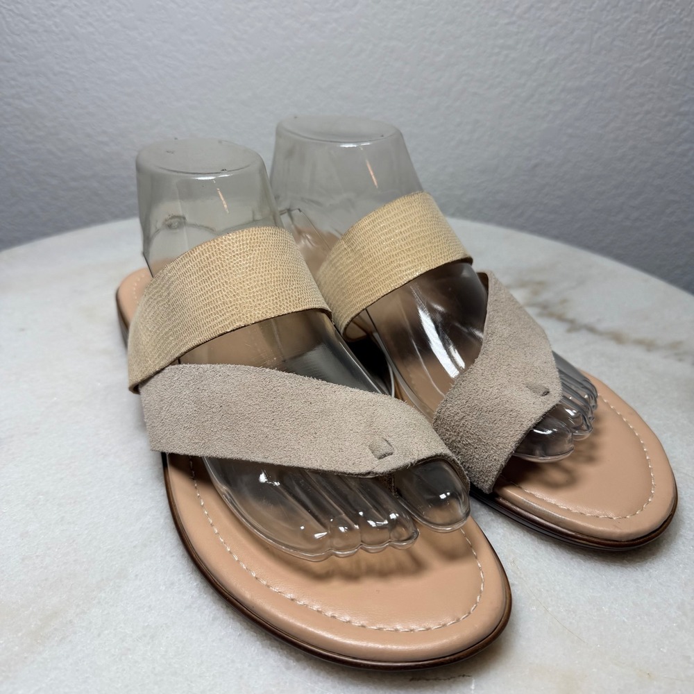 NWOT Donald Pliner Galena Beige Suede Metallic Elastic Flat Sandals 9.5M